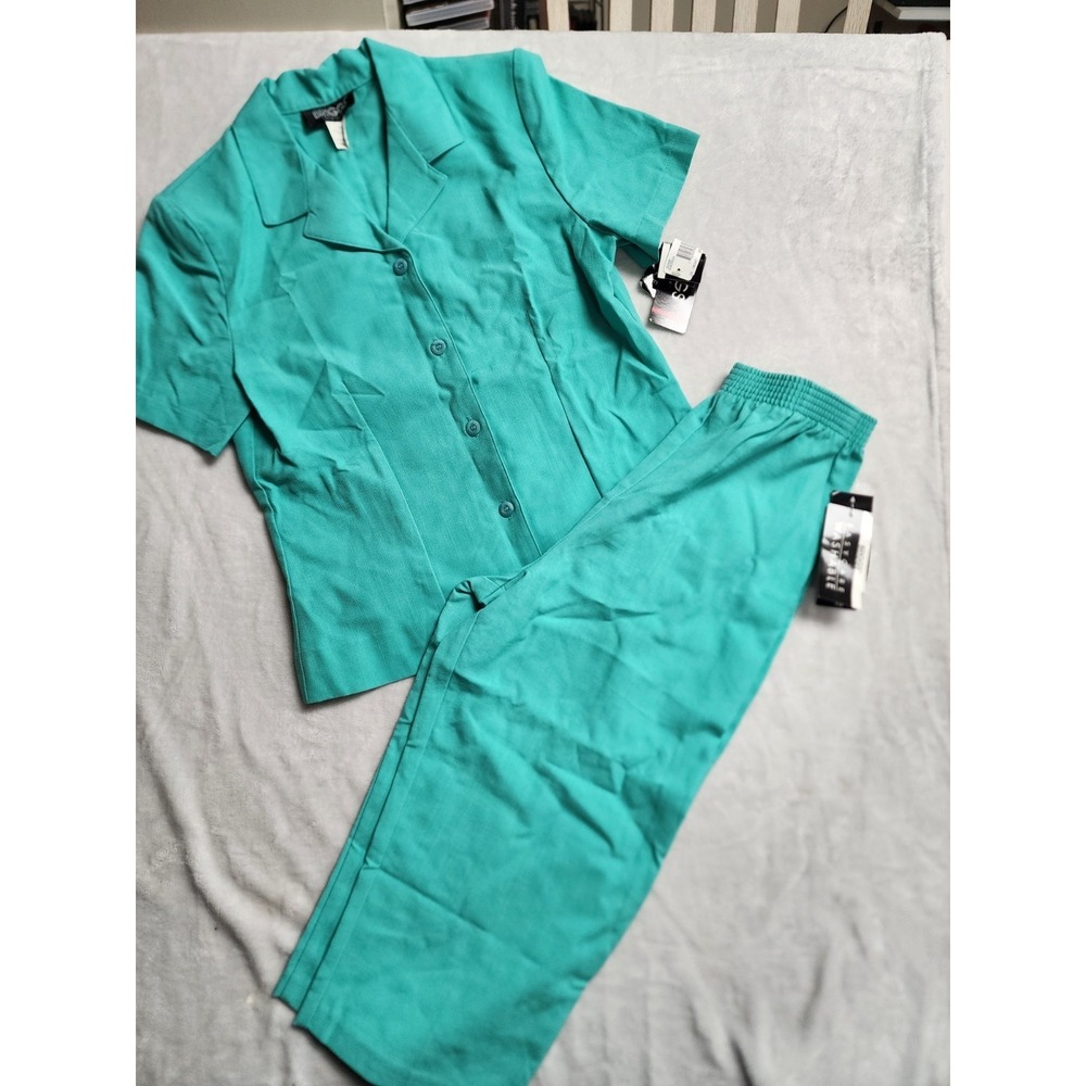 NWT Briggs Size 10 Green Teal 2 Pc Shirt & Pants Vintage 90s Set Button Blouse